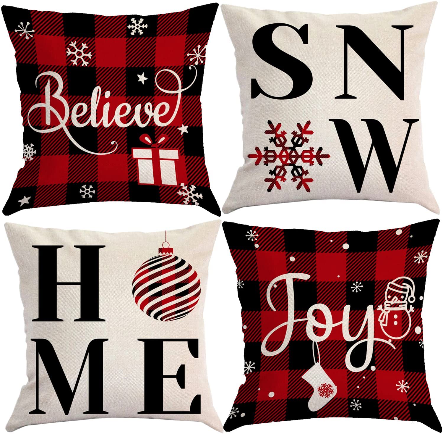 Ouddy Home Christmas Pillow Covers 18x18 Set of 4, Buffalo Plaid Christmas Throw Pillows Cases